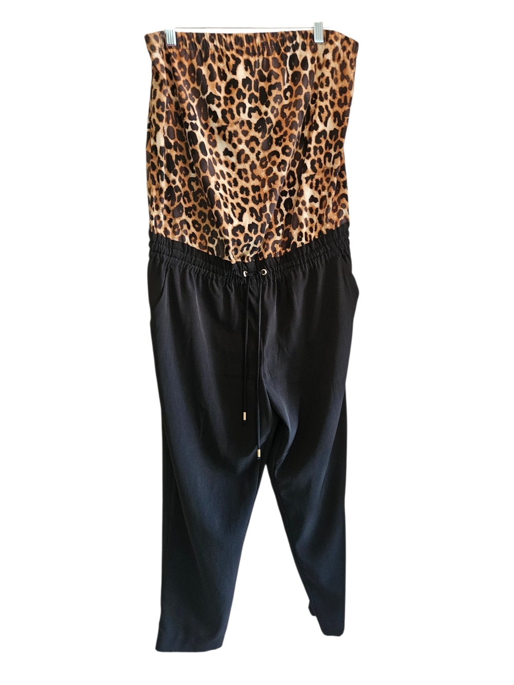 Express Leopard Print Strapless Jumpsuit in Black and Brown